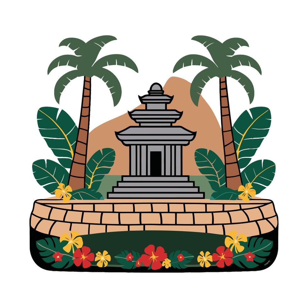 The emblem of bali island with palm trees and a temple vector