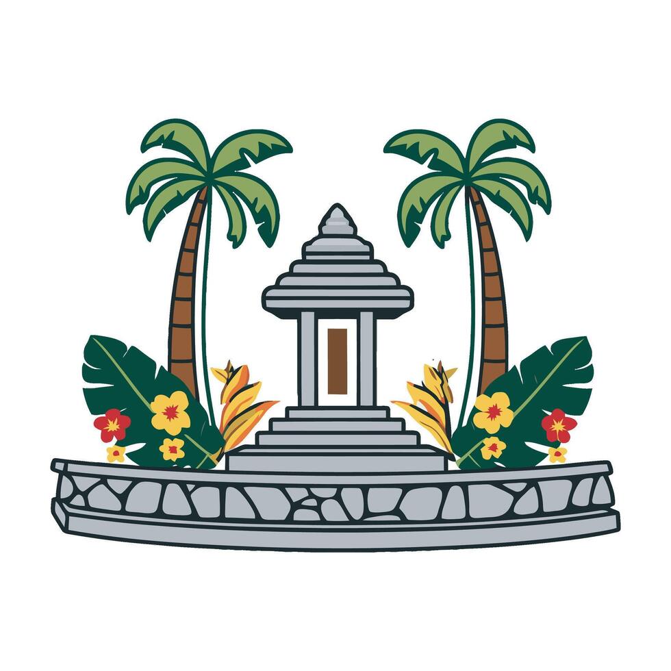 The temple and palm trees are in the background vector