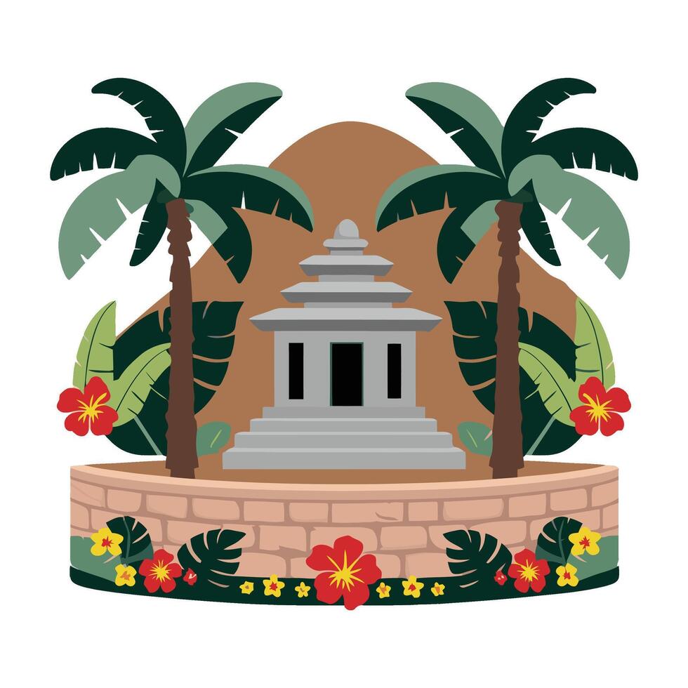 A temple with palm trees and flowers in front of it vector