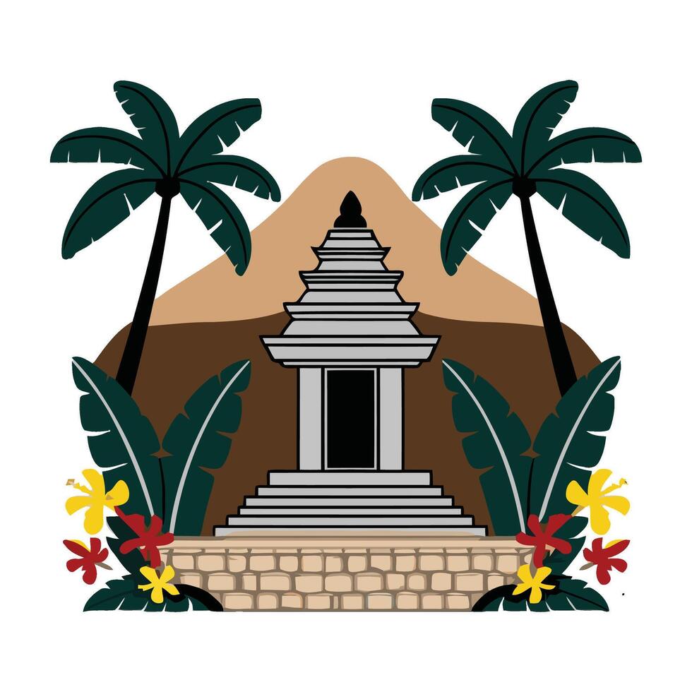 A temple with palm trees and flowers on a white background vector