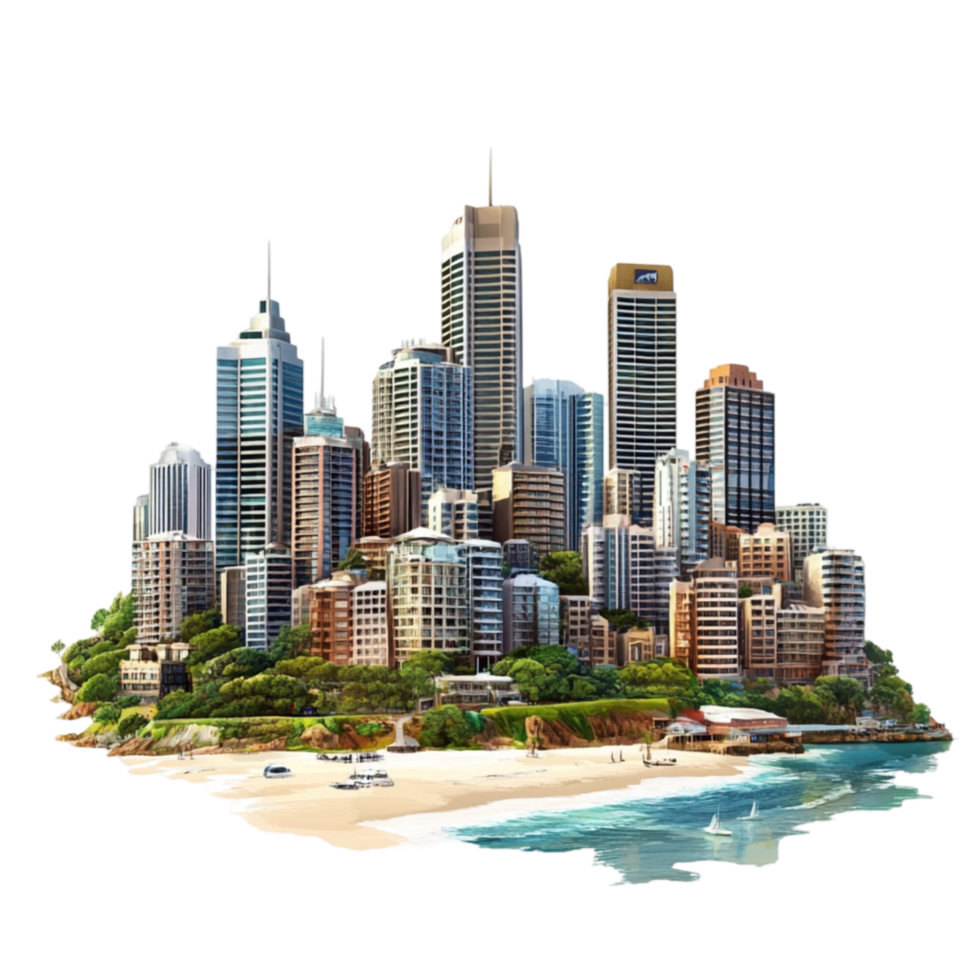 Casual city with skyscrapers on an island on transparent background png