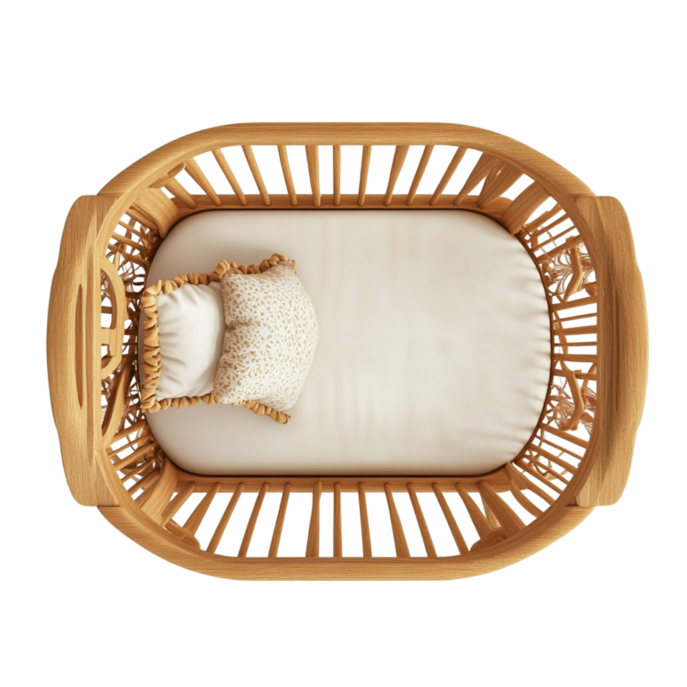 a baby crib with a pillow and blanket on top Transparent Background. png