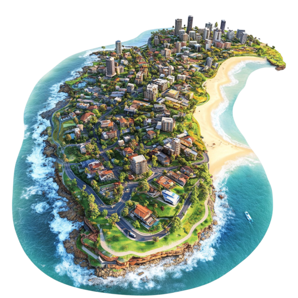 city island in the middle of the ocean with a beach and a city Transparent Background. png
