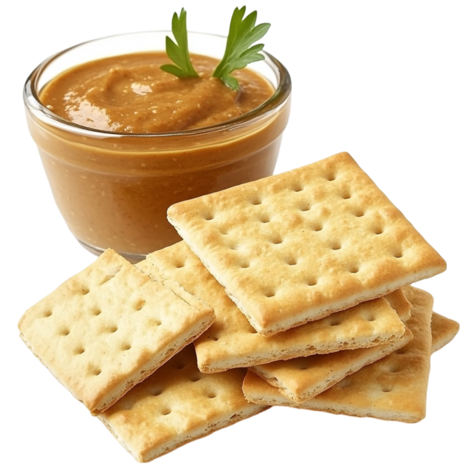 crackers and peanut butter in a bowl with a spoon transparent background png