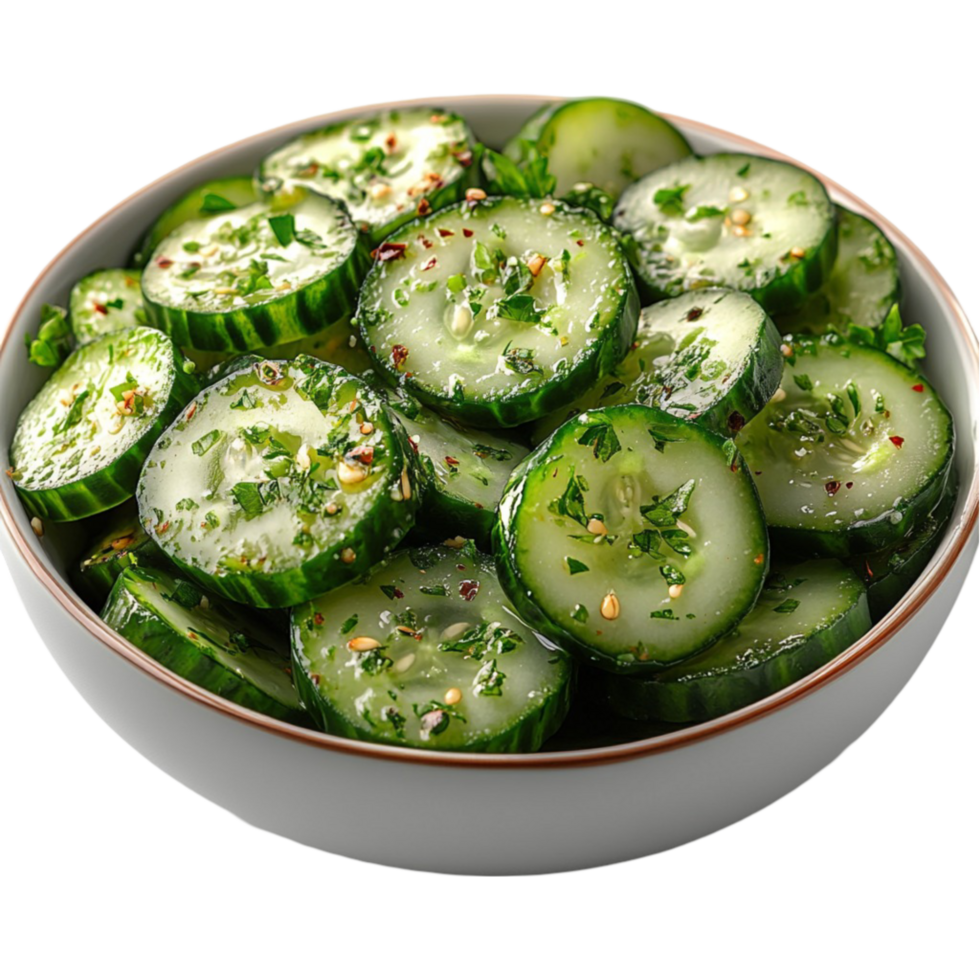 a bowl of cucumbers with herbs and spices transparent background png