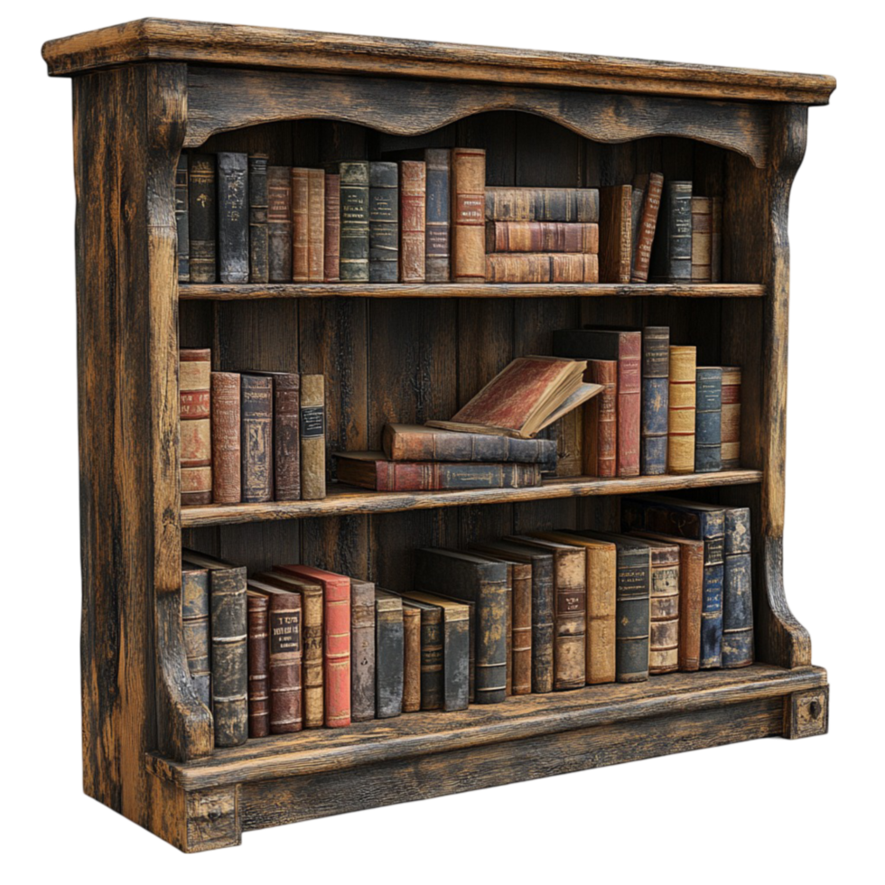 an old bookcase with books on it Transparent Background. png