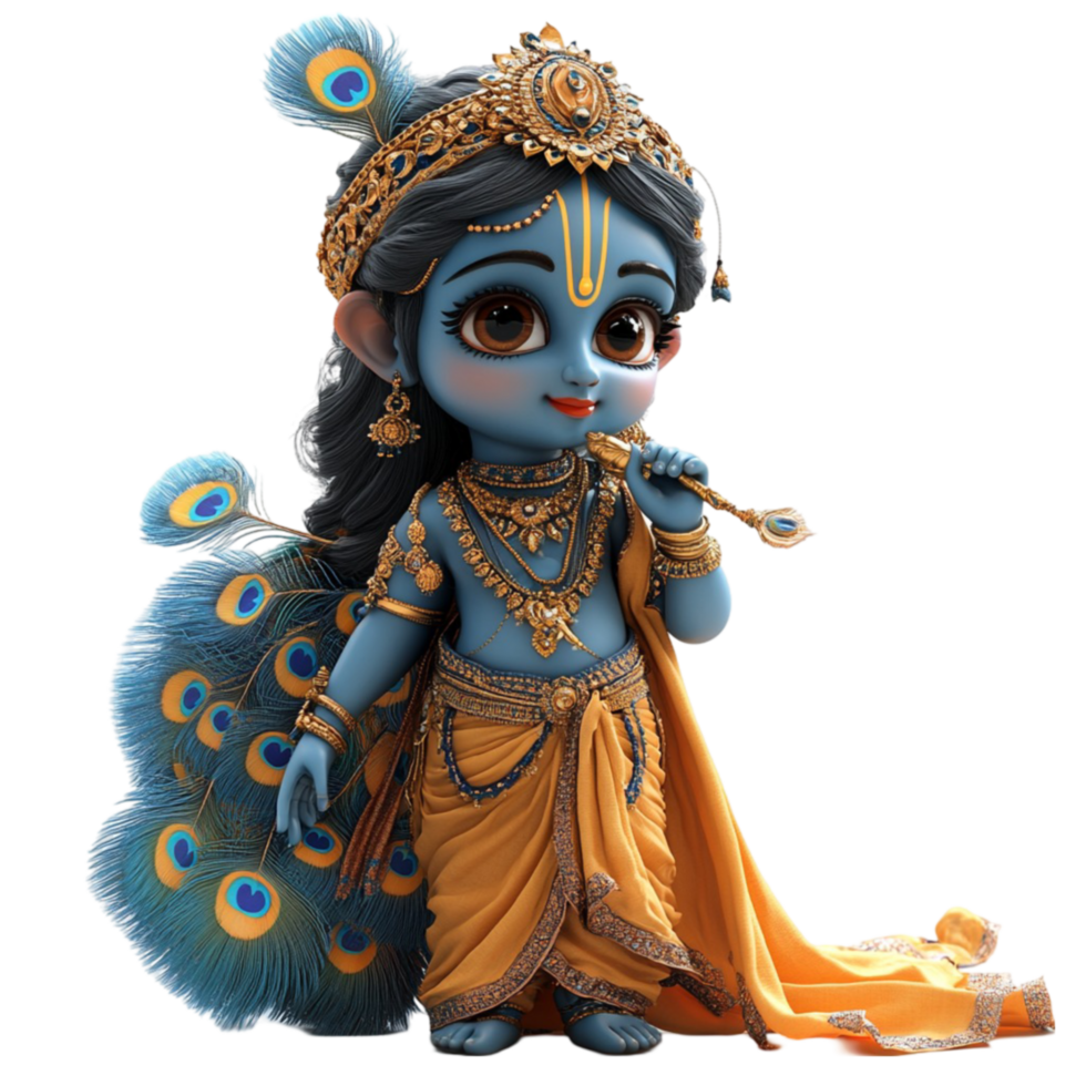 krishna cartoon character with blue and orange feathers transparent background png