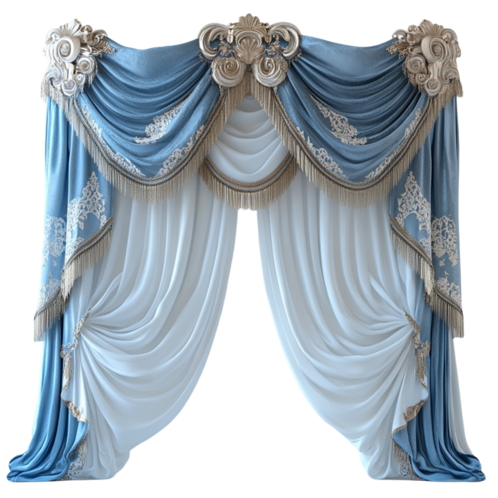 a blue and white curtain with a gold and silver design Transparent Background. png