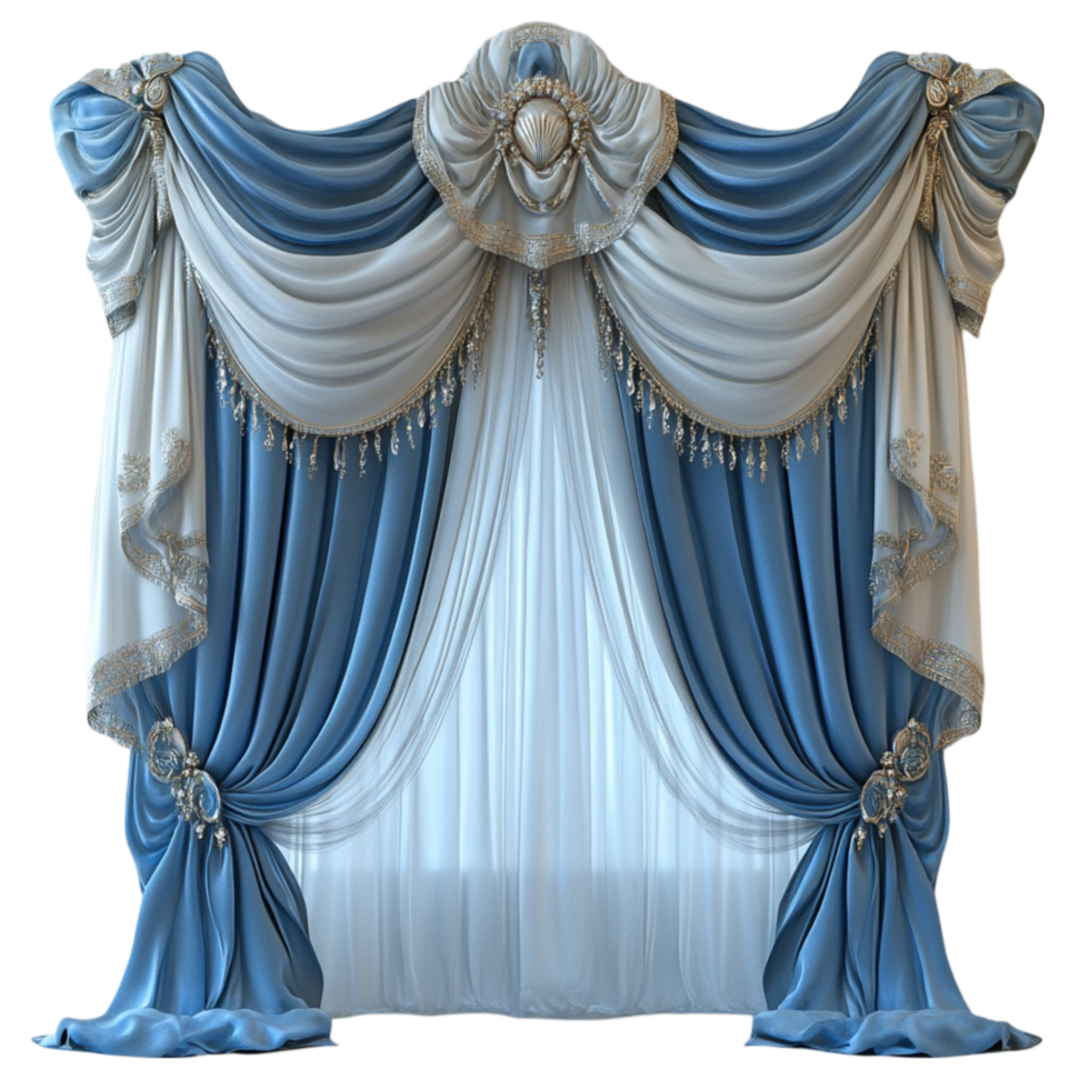 blue and white curtains with a blue curtain rod Transparent Background. png