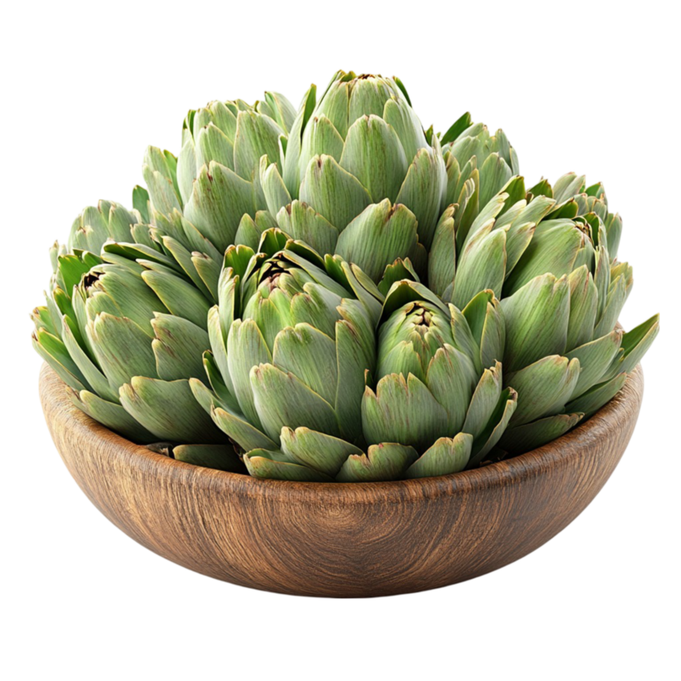 artichokes in a wooden bowl on a transparent background png