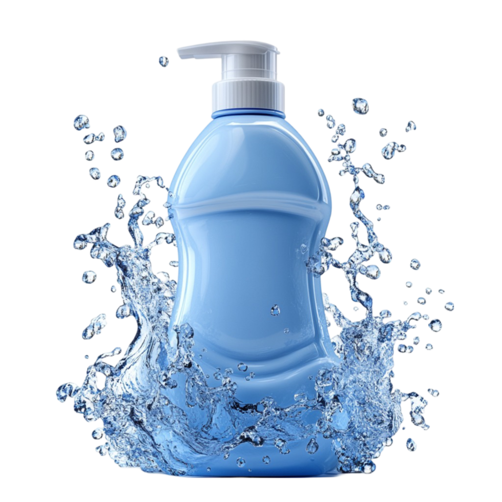 blue liquid soap bottle with splash on transparent background png