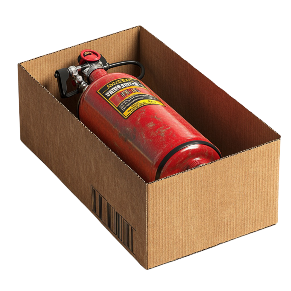 fire extinguisher in cardboard box transparent background png