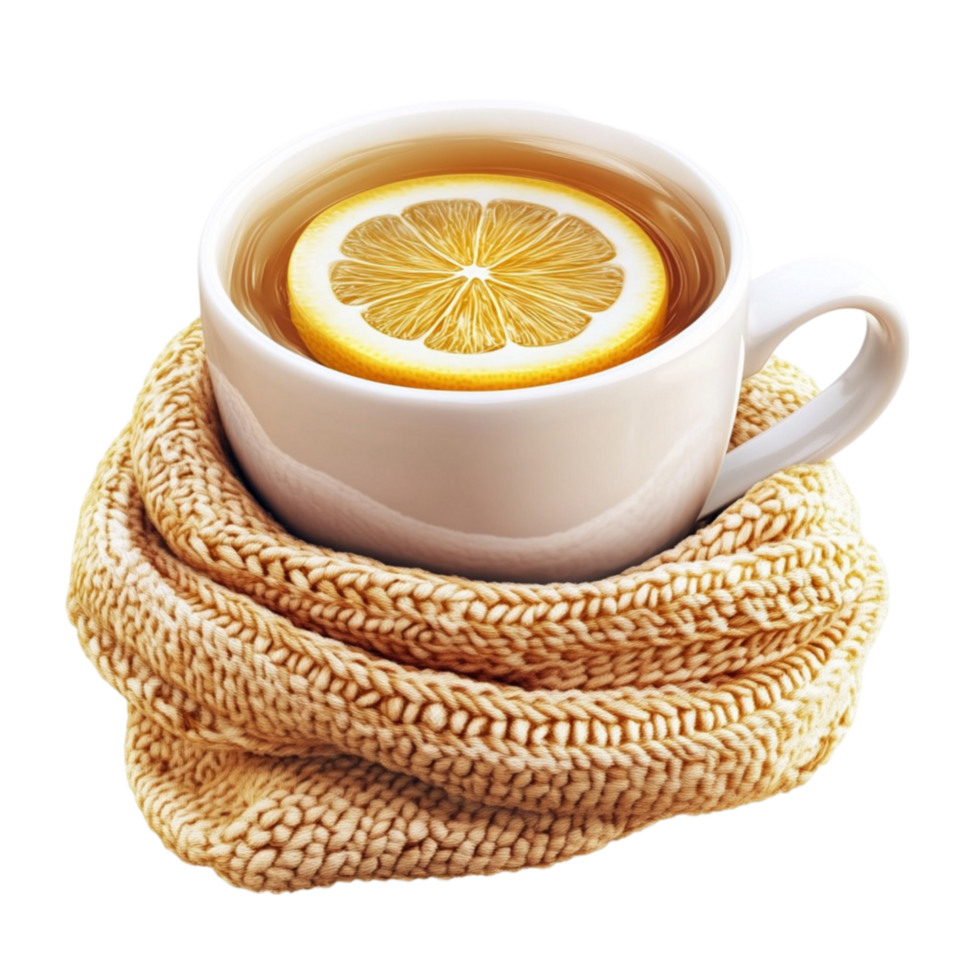 cup of tea with lemon slice on a knitted scarf transparent background png