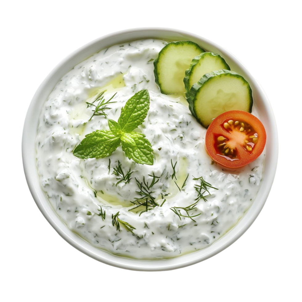 dill dip with cucumber and tomato on Transparent Background. png