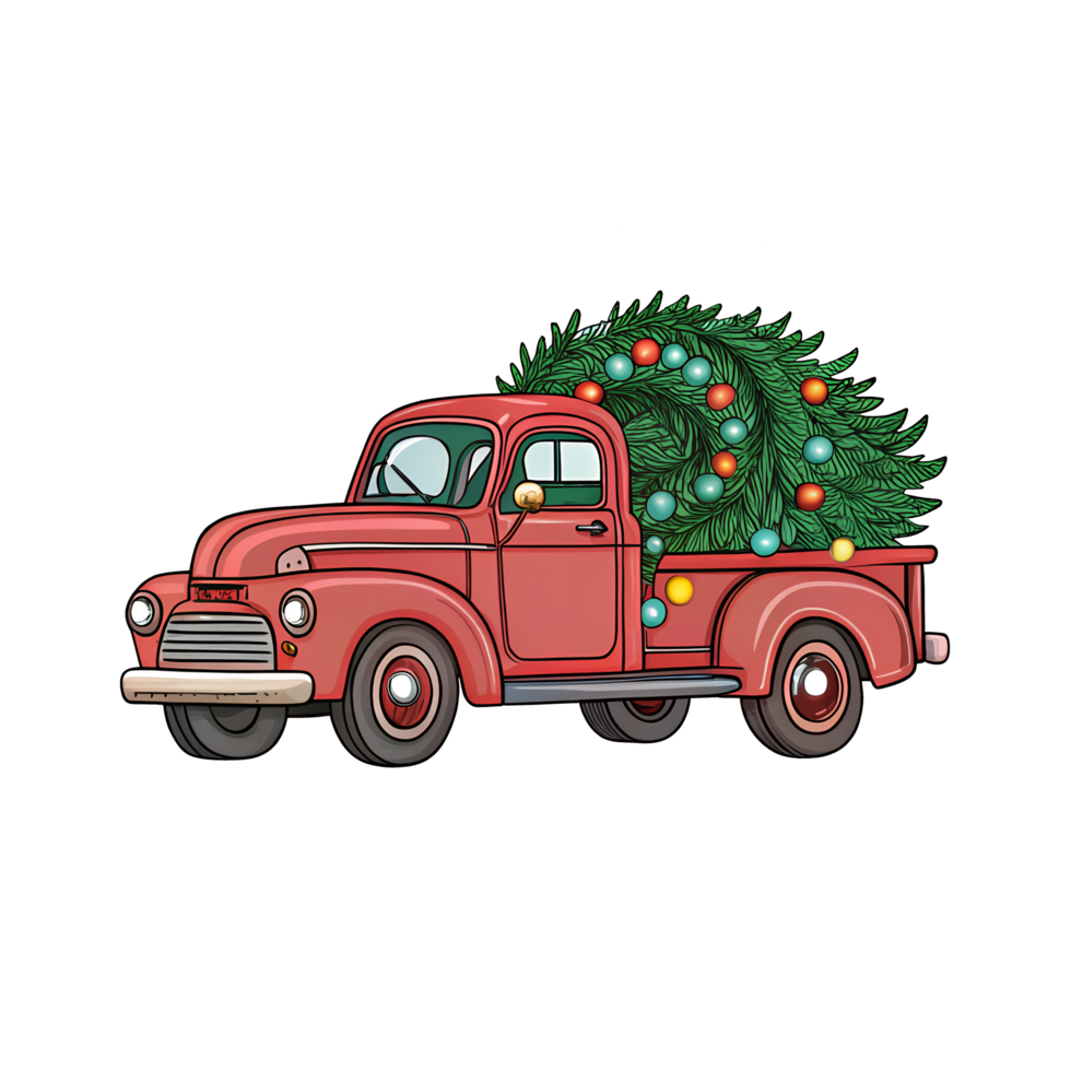A red truck with a christmas tree on the back png