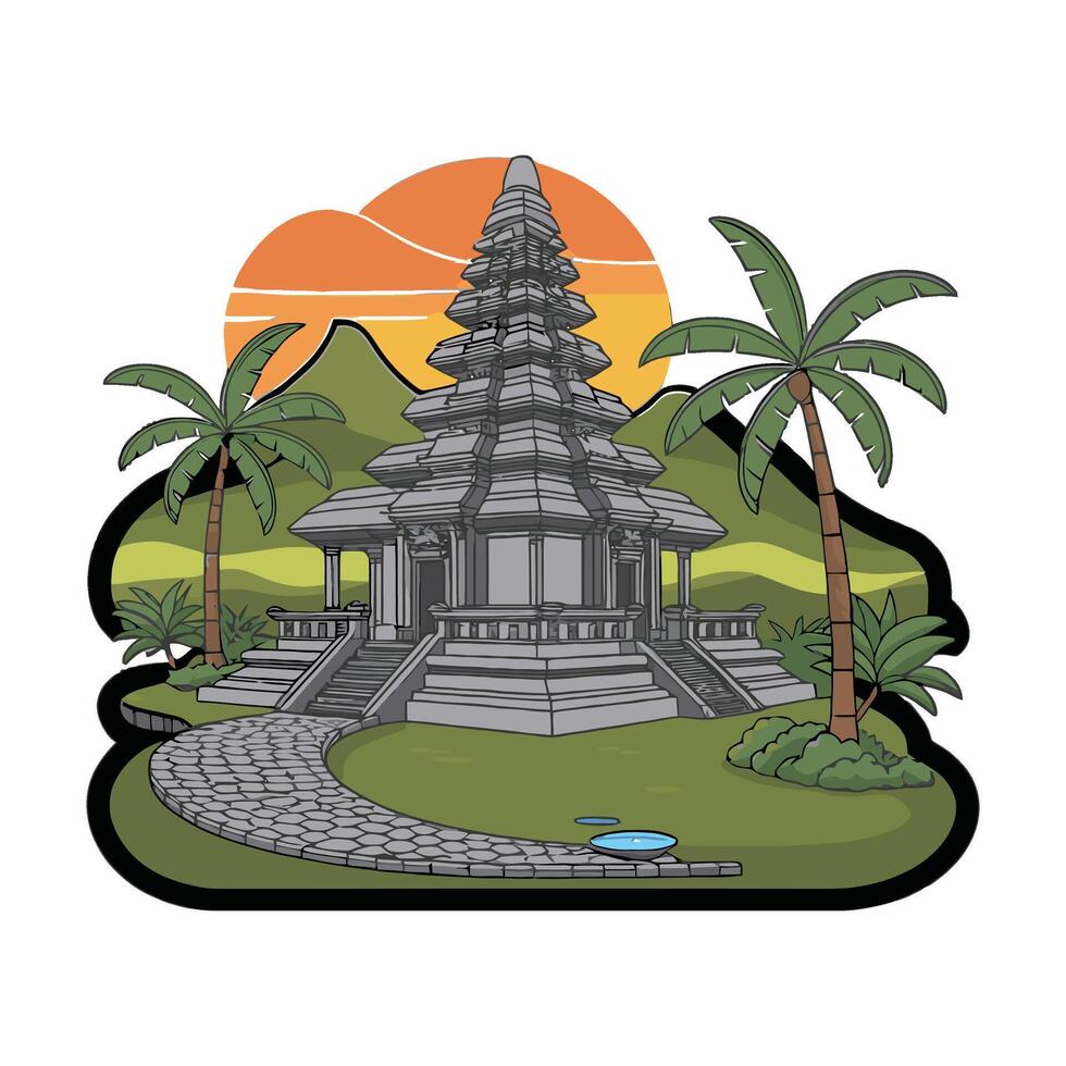 A temple with palm trees and mountains in the background vector