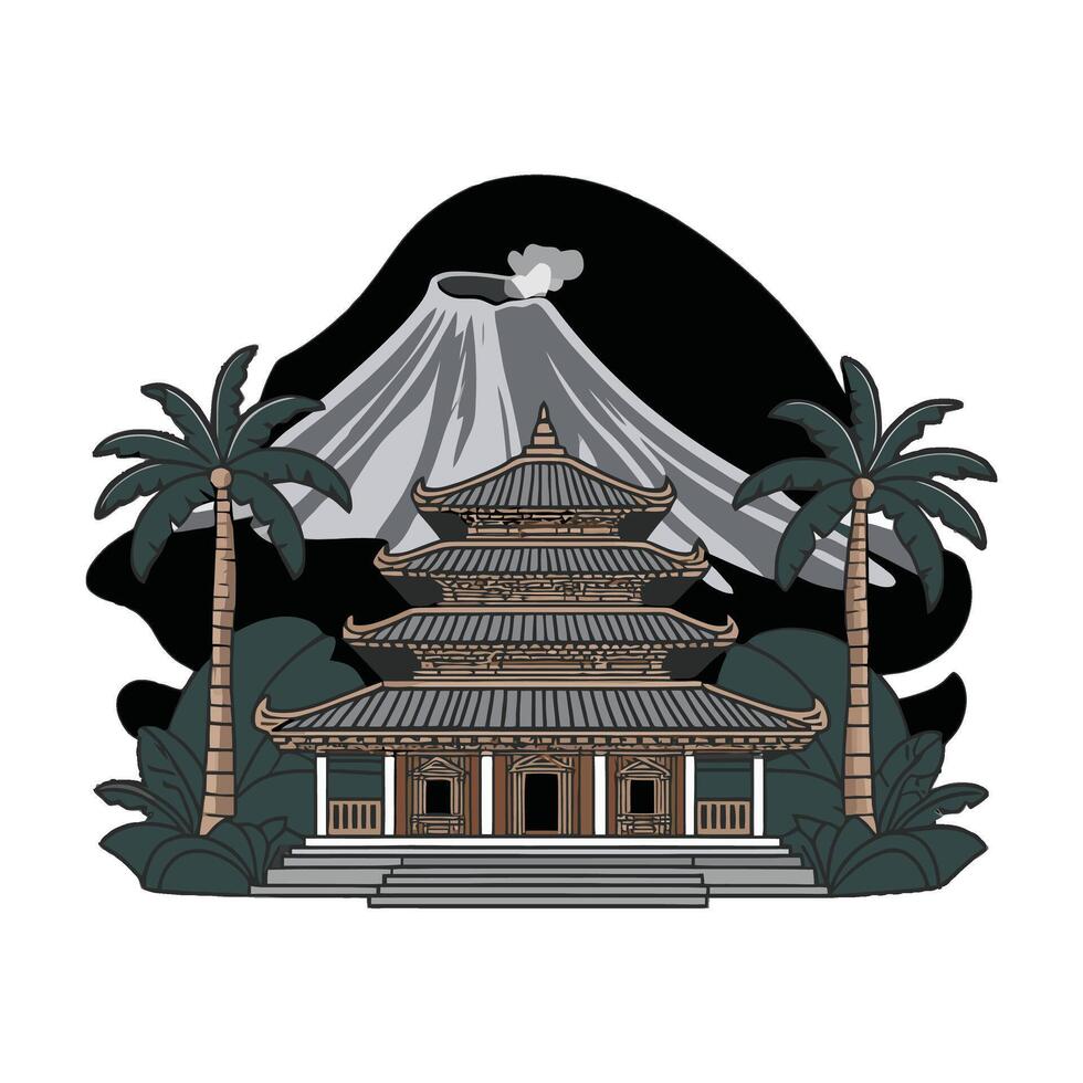 A pagoda with palm trees and a volcano in the background vector