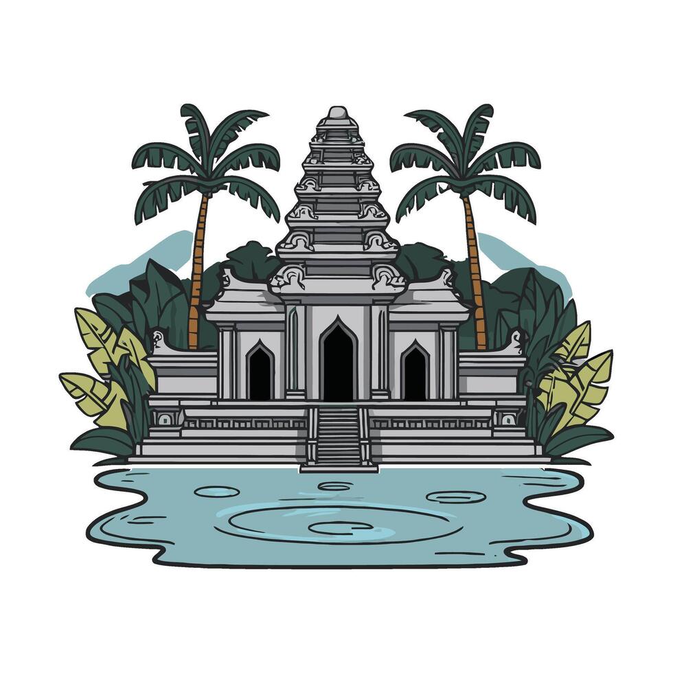 An illustration of a temple in the middle of a lake vector