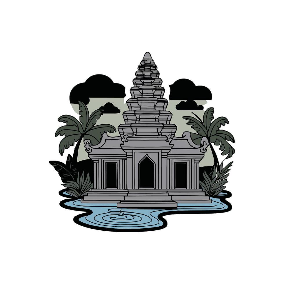 An ancient temple with water and palm trees vector