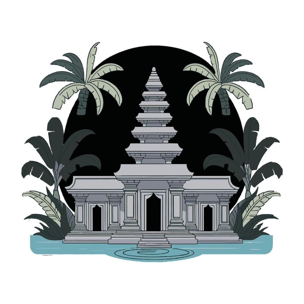 An illustration of a temple with palm trees and water vector