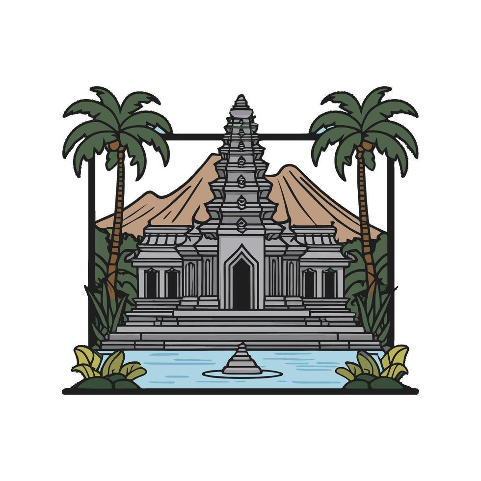 An image of a temple with palm trees and water vector