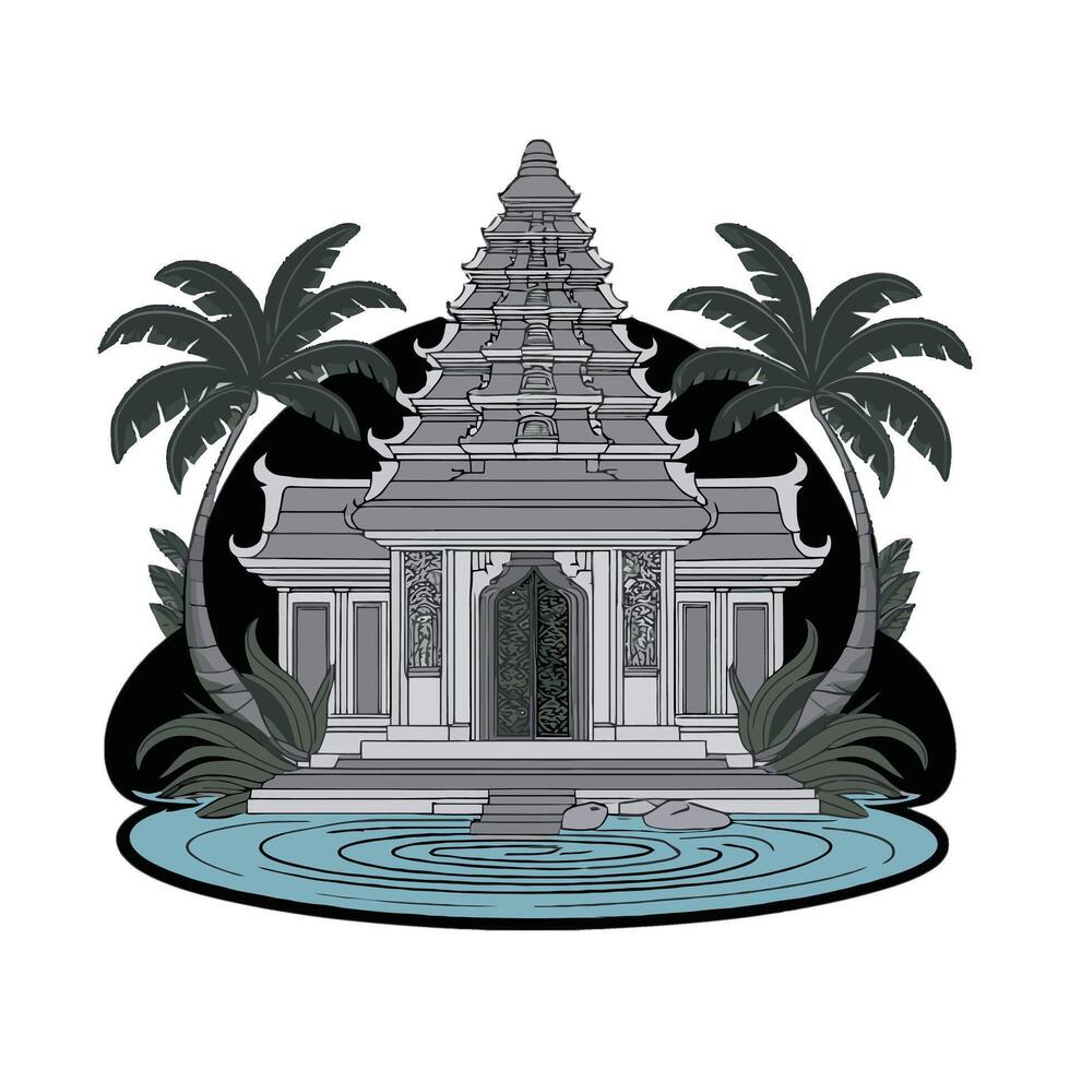 A temple with palm trees and water vector