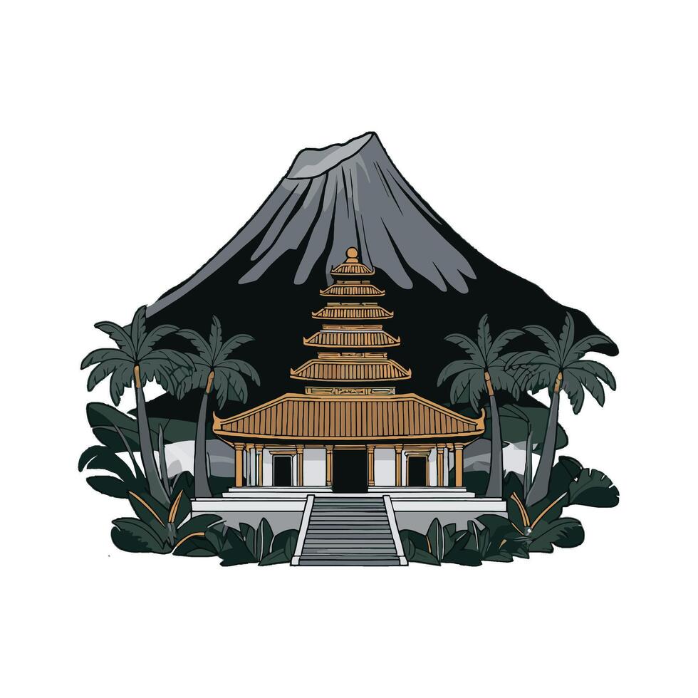 A pagoda and palm trees in front of a mountain vector