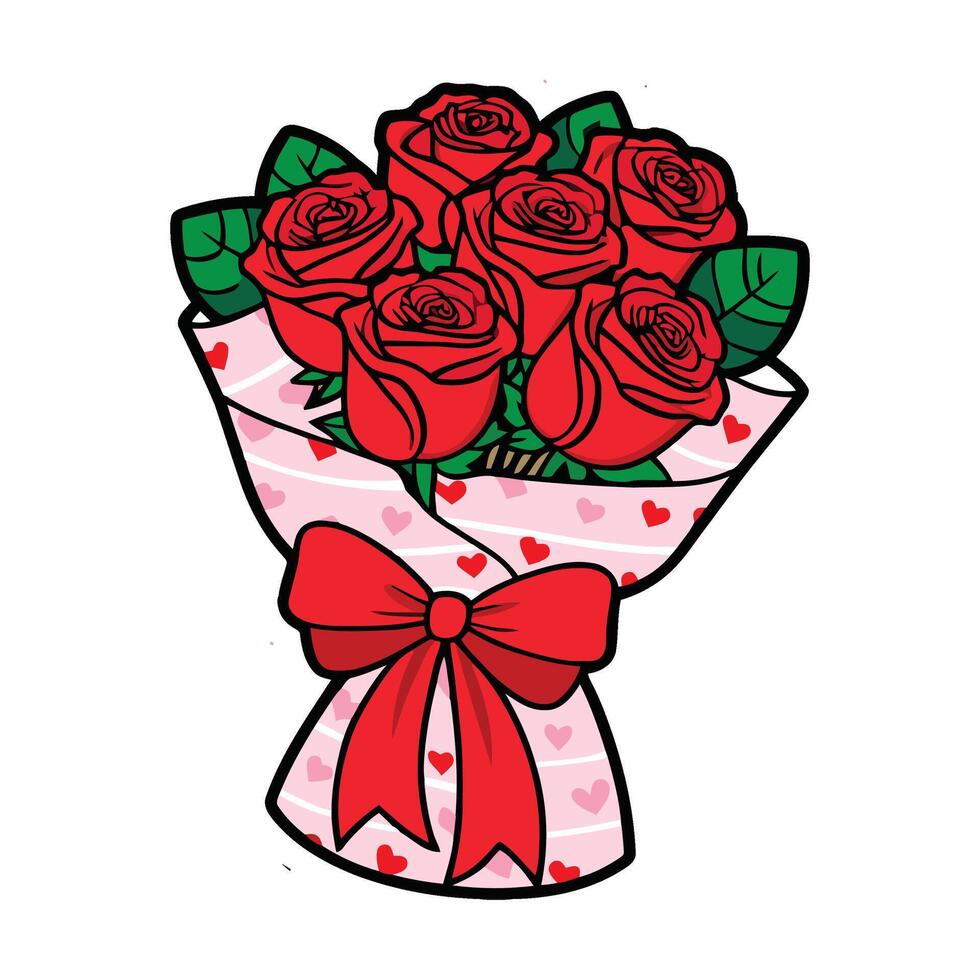 A bouquet of roses with hearts and bows vector