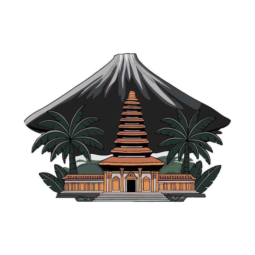A temple with a volcano in the background vector