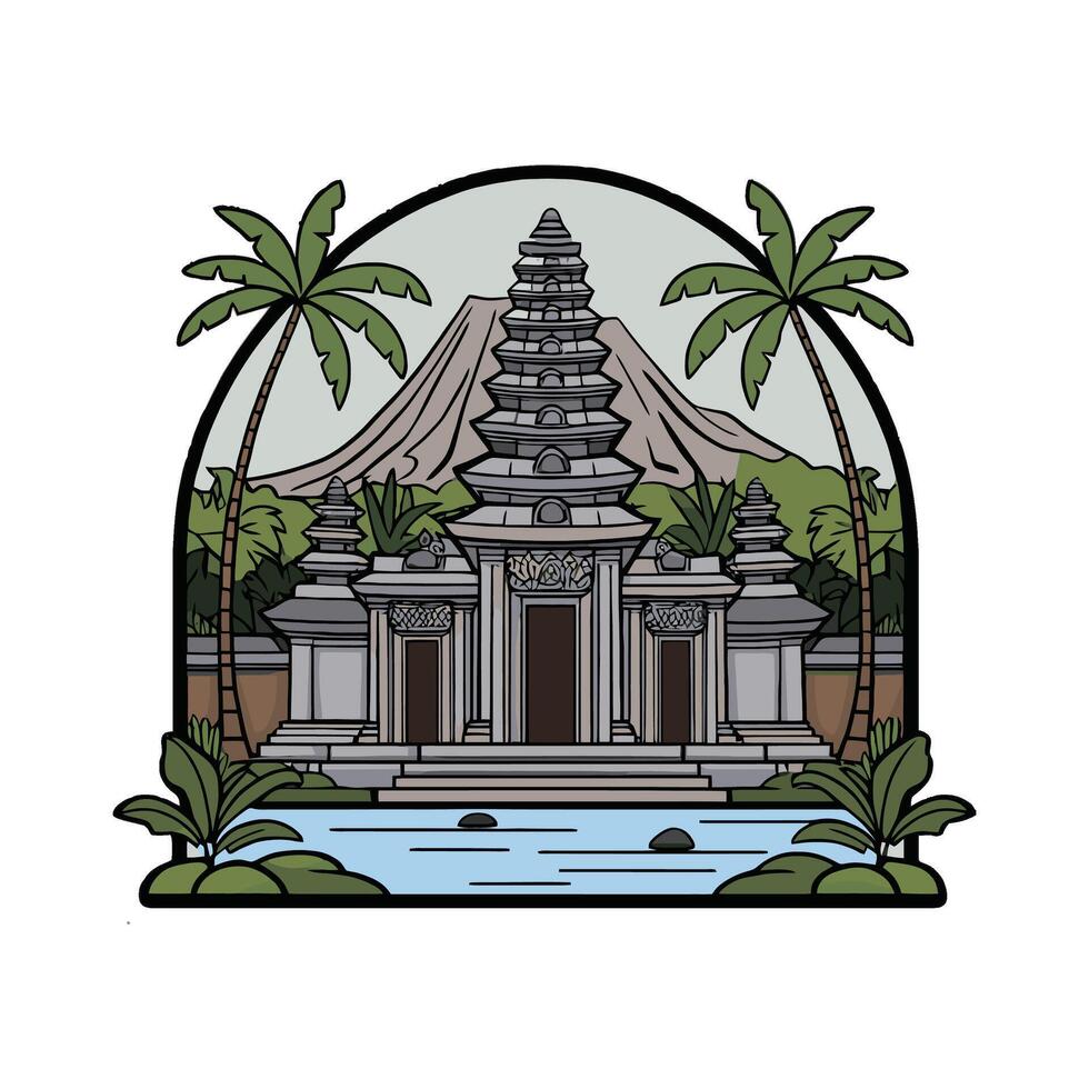 An illustration of a temple and palm trees vector