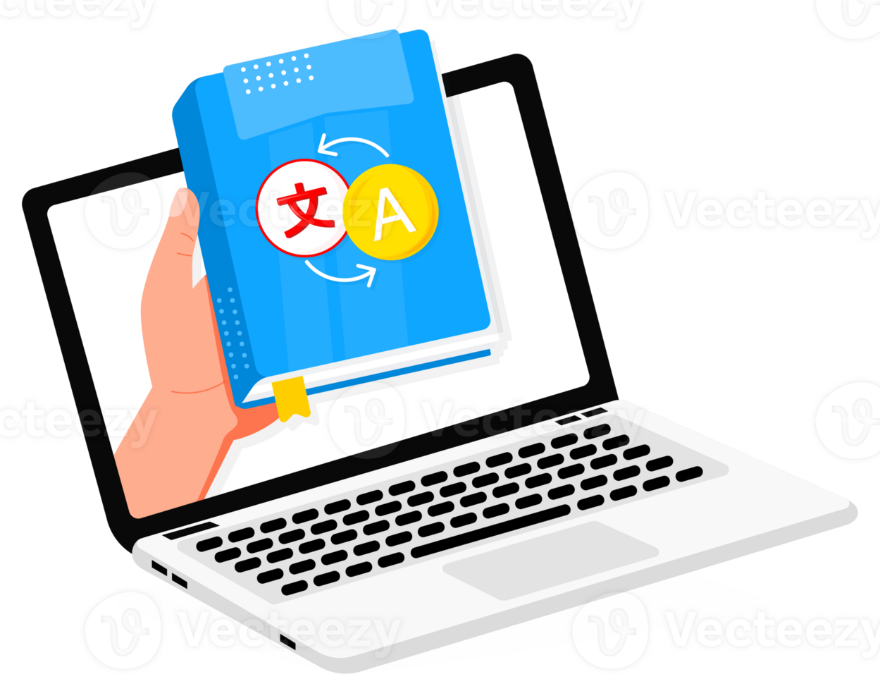Hand holding dictionary coming out from laptop screen for online language course png