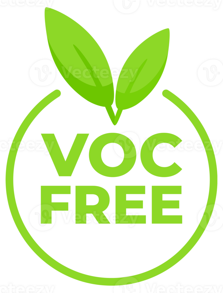 Set of green badges with the text VOC Free and a leaf icon, representing products that do not contain volatile organic compounds. png