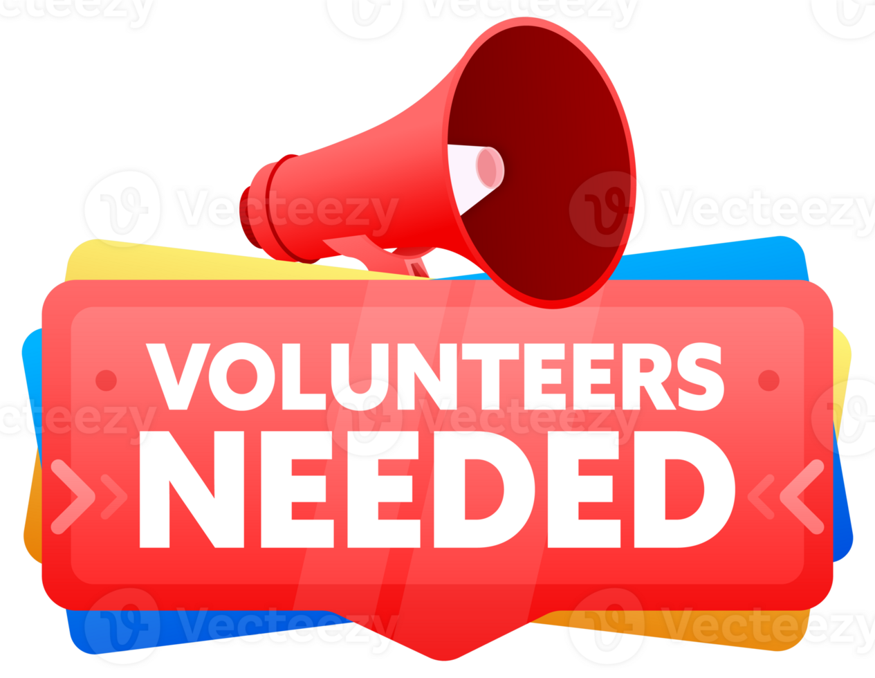 Volunteers needed. Badge with megaphone banner, label. Marketing and advertising. illustration png