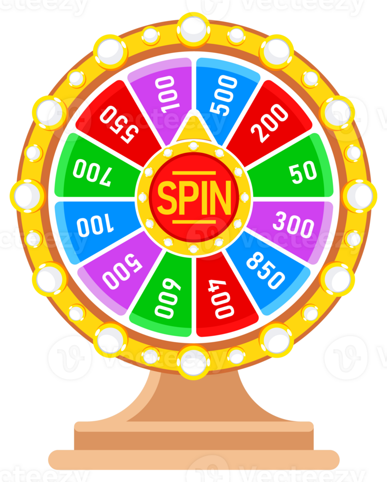 Vibrant prize wheel with various score sections and a central spin button, surrounded by lights, ideal for games and promotions png