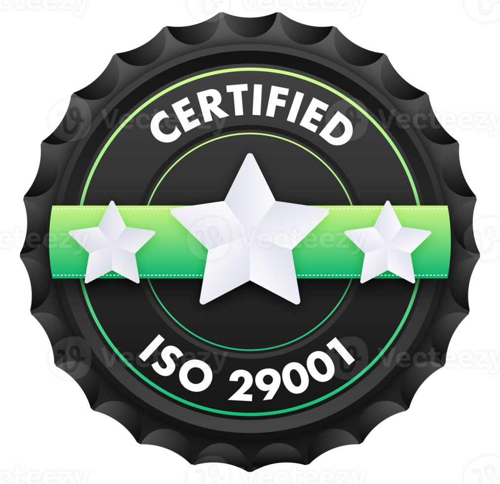 ISO 29001 standard certificate badge. Quality control. International Organization for Standardization. illustration png