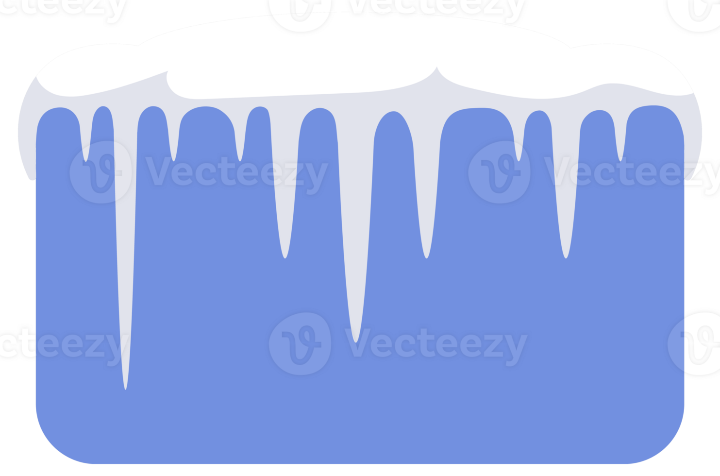 Set of snow caps of different sizes and shapes with hanging icicles is isolated on blue background png