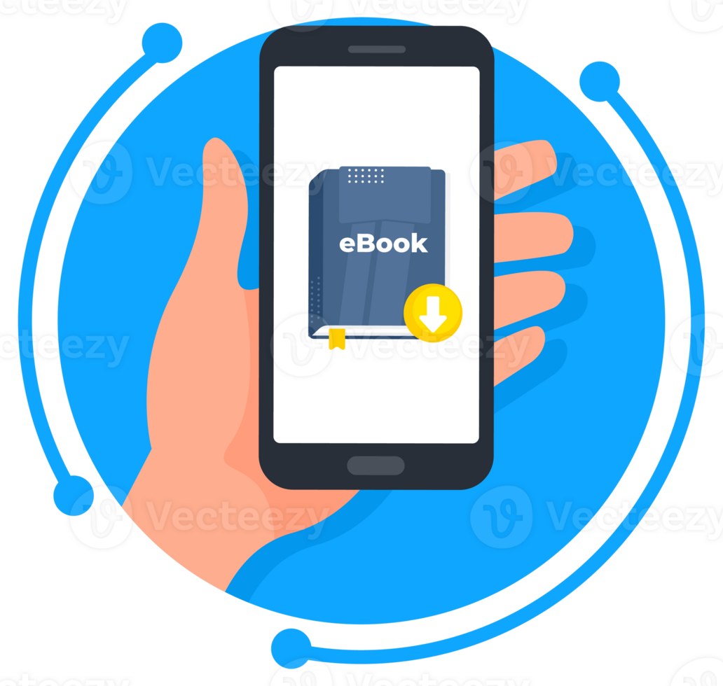 Hand is holding a smartphone with an ebook displayed on the screen, downloading it for digital reading png
