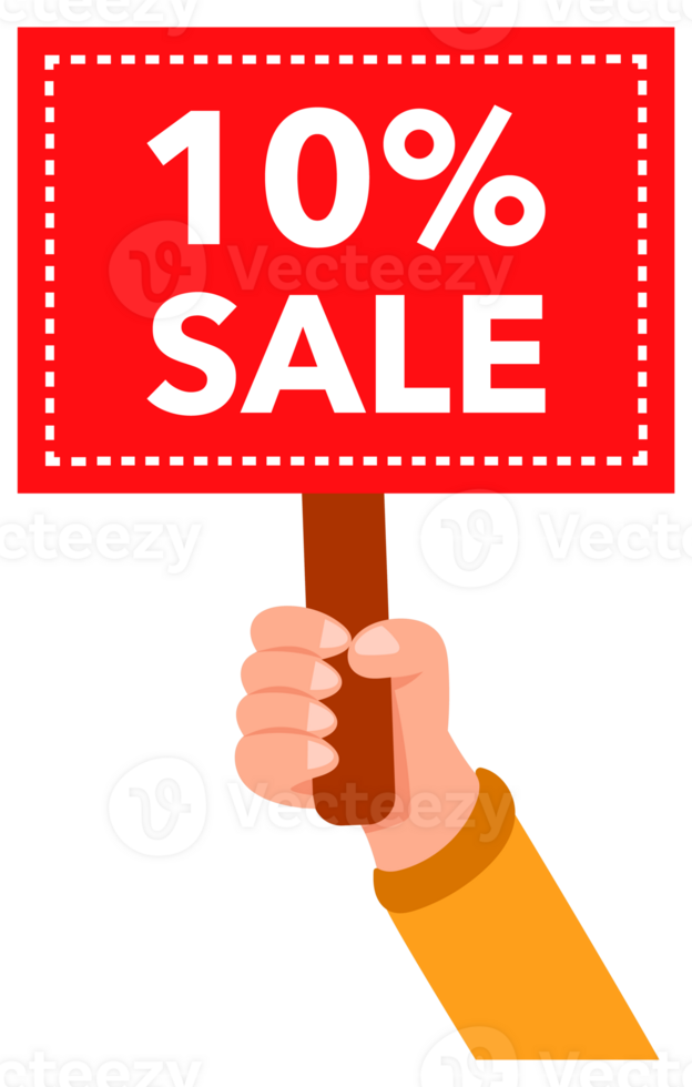 Hands holding red 10 percent sale signs with different backgrounds png