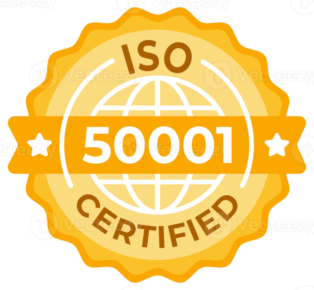 Golden seal illustration representing ISO 50001 Certified energy management system standards, for organizational efficiency and sustainability png