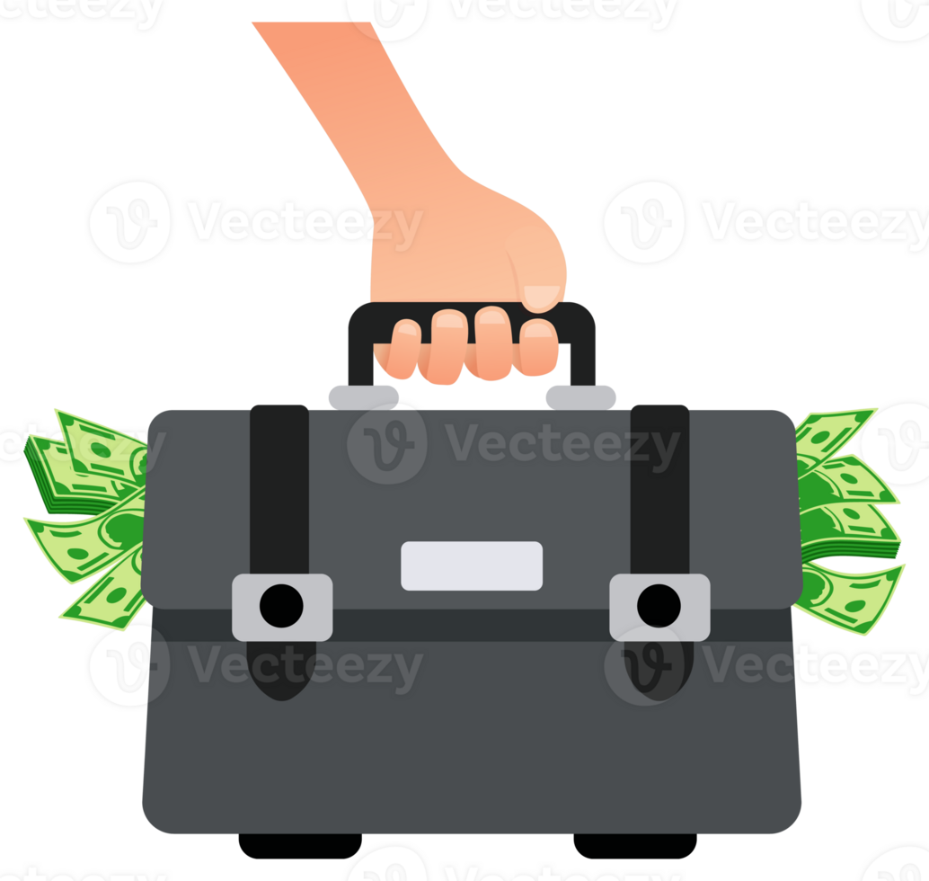 Hand holding briefcase full of money business success concept png