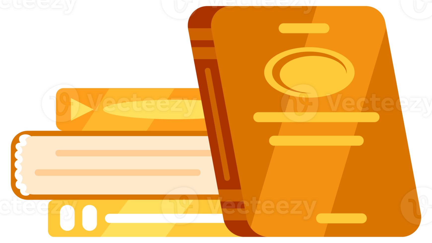 Stacks of colorful books with bookmarks and pencils for studying and education. png