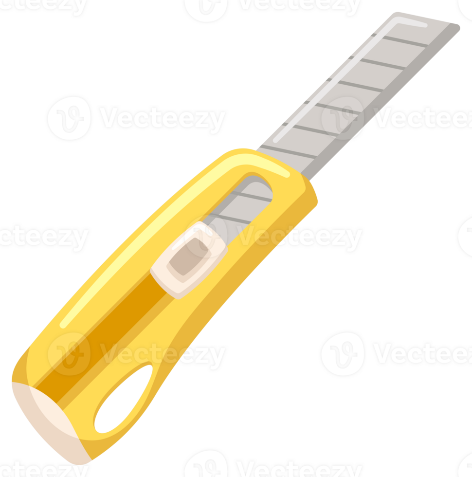 Collection of colorful utility knifes with sharp blades for cutting paper, cardboard and thin plastic materials isolated on white background png