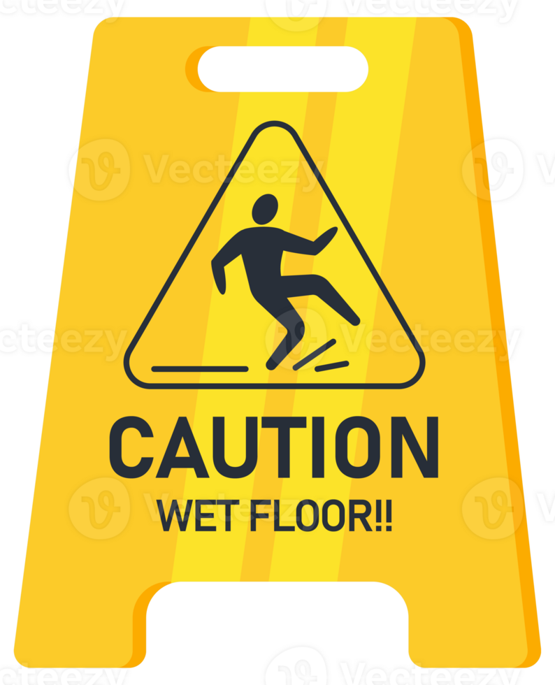 Caution wet floor, floor sign. Public warning yellow symbol. Slippery surface beware plastic board. illustration png