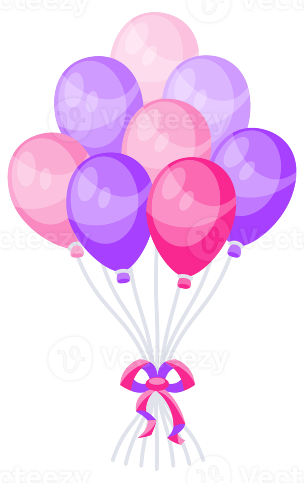 Colorful balloons floating with ribbons, representing celebration, joy and parties. png