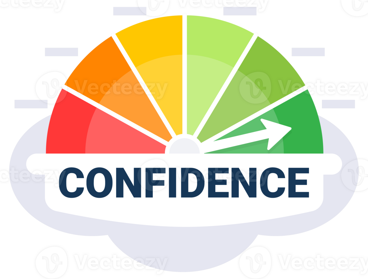 Gauge graphic depicting confidence level with an arrow in the green zone on a white and gray gradient background png