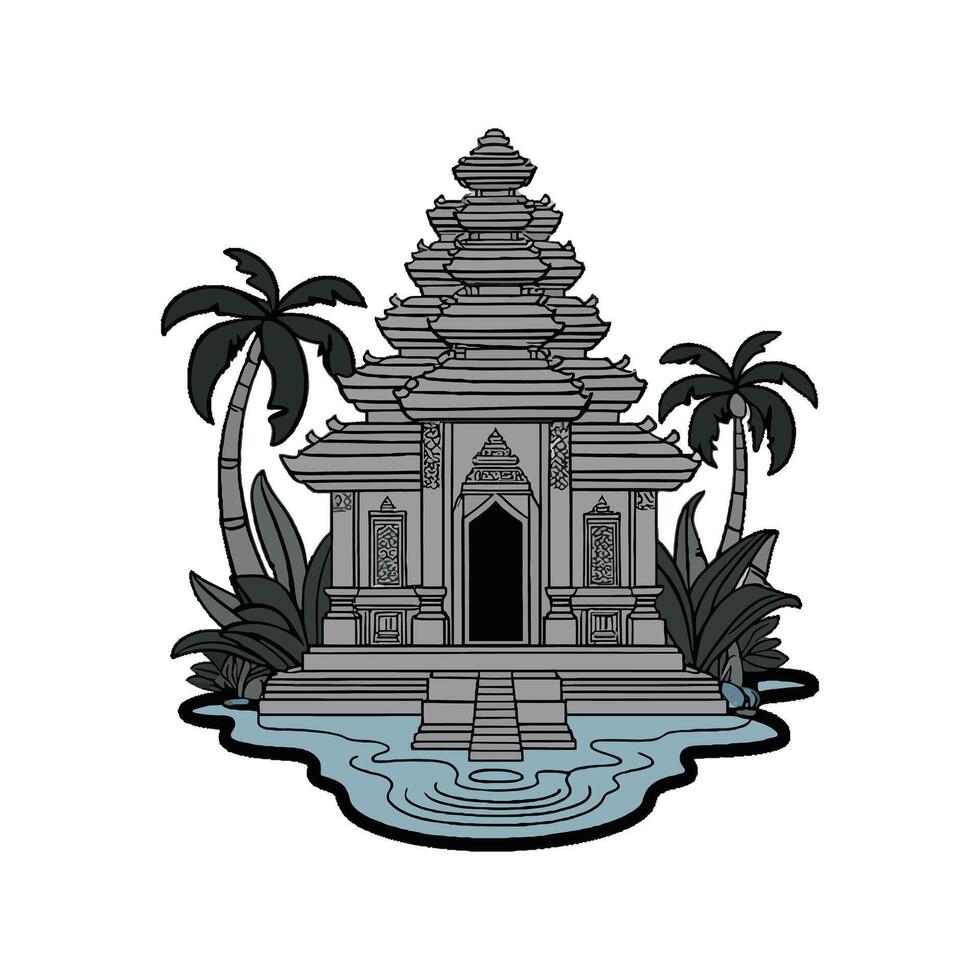 An ancient temple with palm trees and water vector