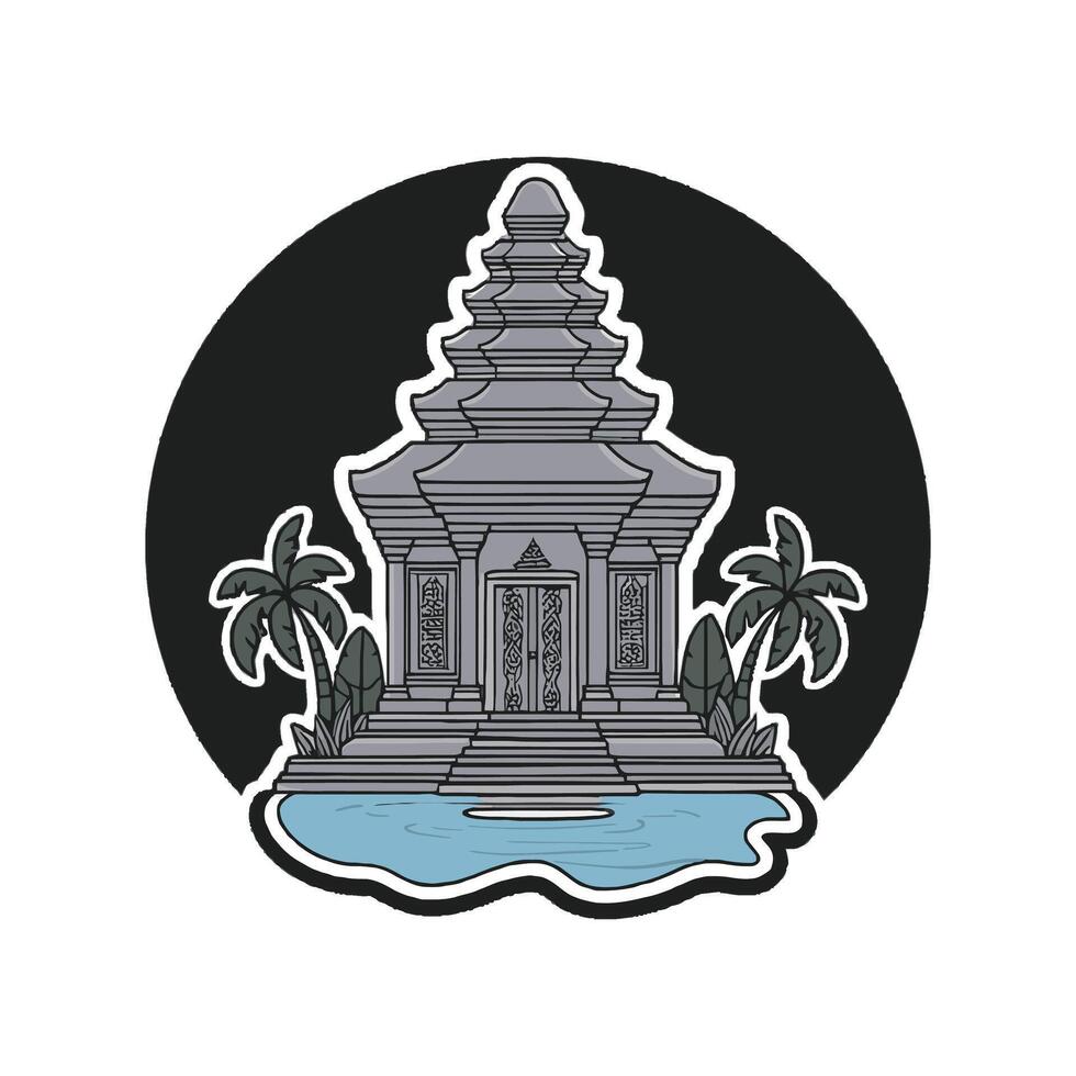 A temple in the middle of a lake with palm trees vector