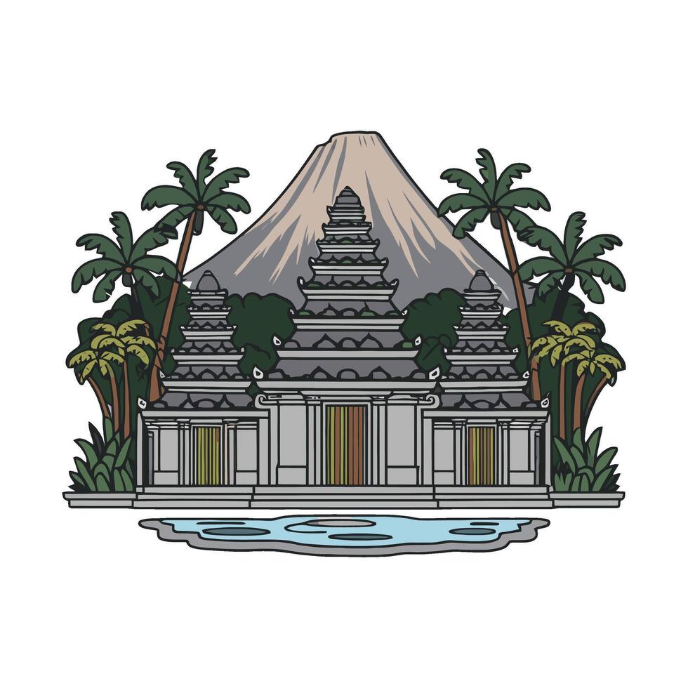 An illustration of a temple with a mountain in the background vector