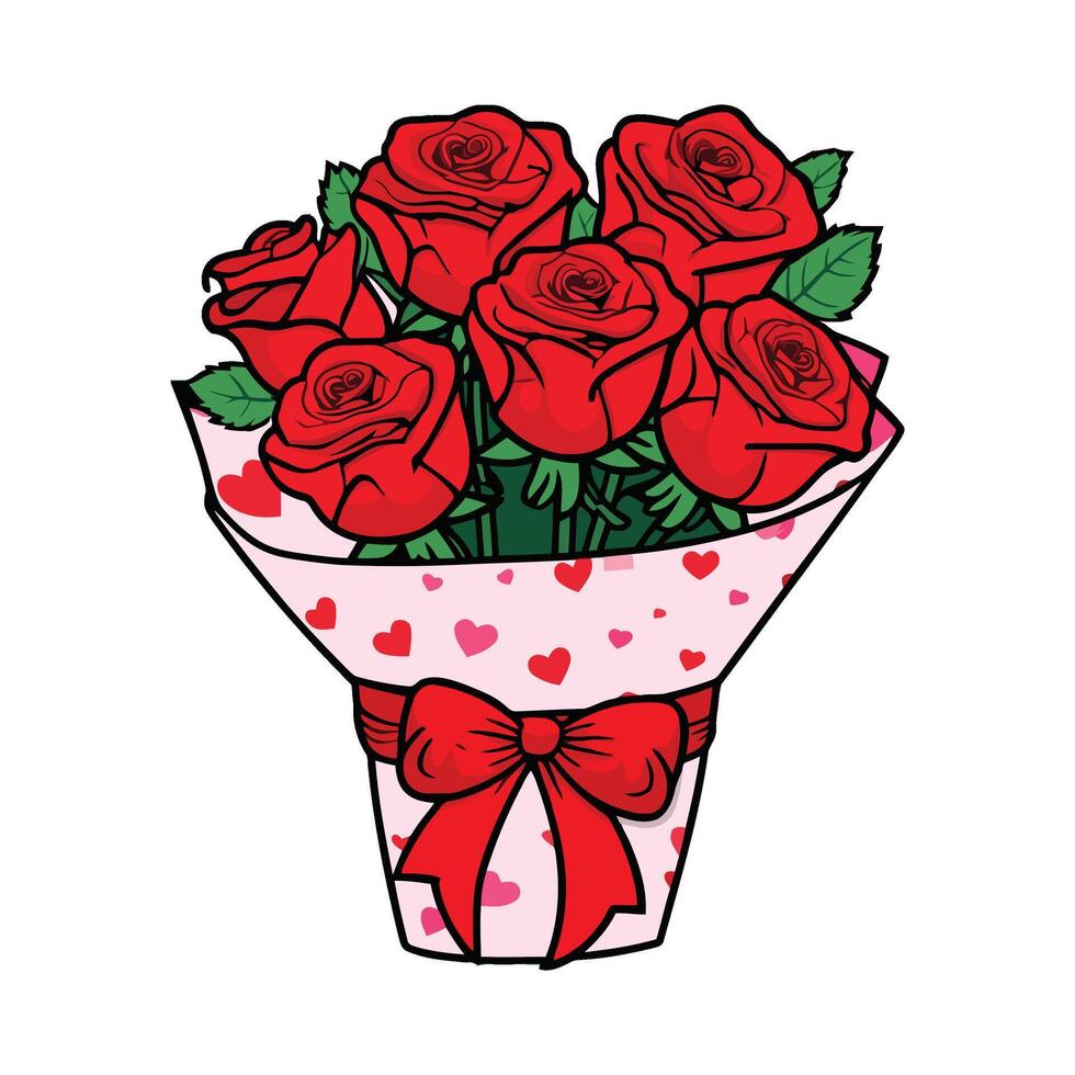 A bouquet of roses with hearts on a white background vector