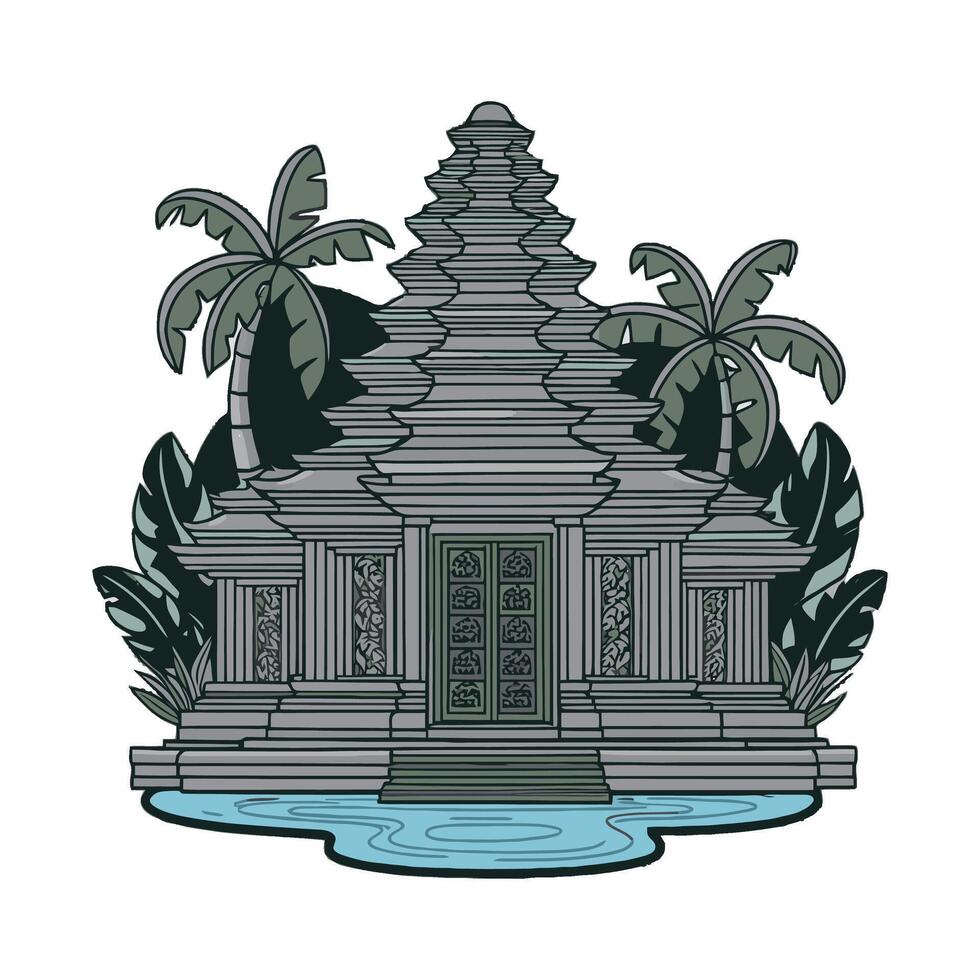 An old temple with palm trees and water vector